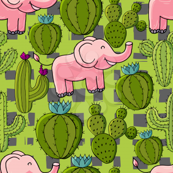 Seamless botanical illustration. Tropical pattern of different cacti, aloe. Elephants, exotic plants