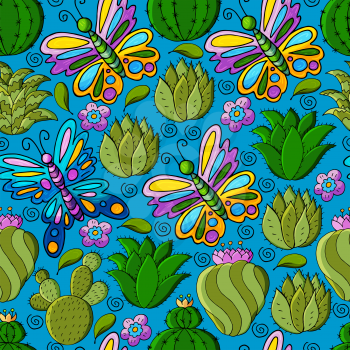 Seamless botanical illustration. Tropical pattern of different cacti, aloe, exotic animals. Butterflies, flowers