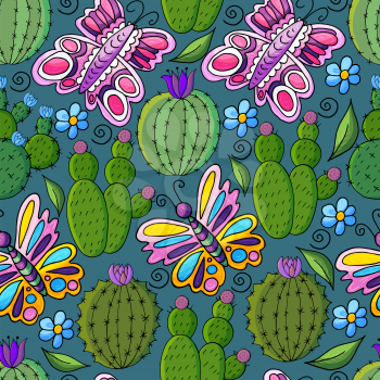 Seamless botanical illustration. Tropical pattern of different cacti, aloe, exotic animals. Butterflies, flowers leaves