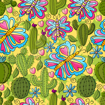 Seamless botanical illustration. Tropical pattern of different cacti, aloe, exotic animals. Colorful butterflies, flowers, hearts