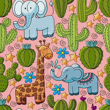 Seamless botanical illustration. Tropical pattern of different cacti, aloe, exotic animals. Elephant, giraffe, stars flowers
