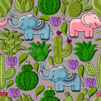 Seamless botanical illustration. Tropical pattern of different cacti, aloe, exotic animals. Elephants, flowers