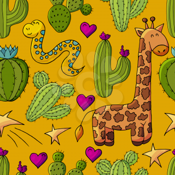Seamless botanical illustration. Tropical pattern of different cacti, aloe, exotic animals. Giraffe, snake, stars hearts