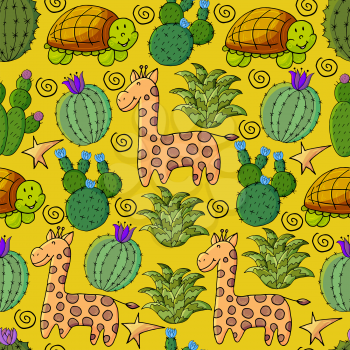 Seamless botanical illustration. Tropical pattern of different cacti, aloe, exotic animals. Giraffe, turtle flowers