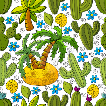 Seamless botanical illustration. Tropical pattern of different cacti, aloe, exotic animals. Palm tree, cockleshell, colorful flowers