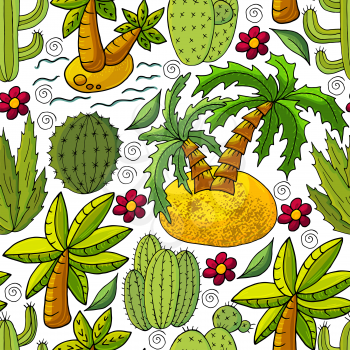 Seamless botanical illustration. Tropical pattern of different cacti, aloe, exotic animals. Palm trees, colorful flowers