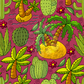 Seamless botanical illustration. Tropical pattern of different cacti, aloe, exotic animals. Palm trees, flowers