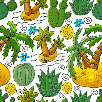 Seamless botanical illustration. Tropical pattern of different cacti, aloe, exotic animals. Shell, palm trees, colorful flowers