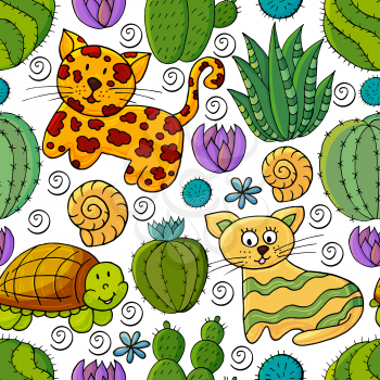 Seamless botanical illustration. Tropical pattern of different cacti, aloe, exotic animals. Turtle, leopard, cat, shells colorful flowers