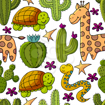 Seamless botanical illustration. Tropical pattern of different cacti, exotic animals. Turtle, snake, giraffe, colorful flowers