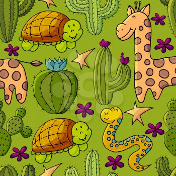 Seamless botanical illustration. Tropical pattern of different cacti, exotic animals. Turtle, snake, giraffe flowers