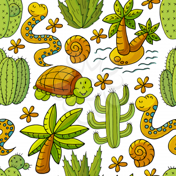 Seamless botanical illustration. Tropical pattern of different cacti, exotic animals. Turtle, snake, palm tree, shells, colorful flowers
