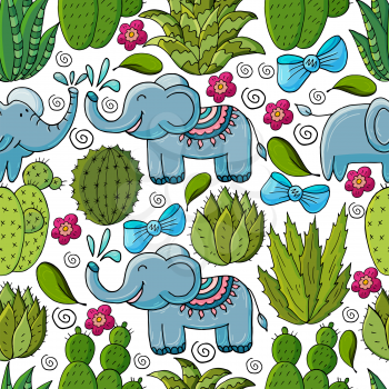 Seamless botanical illustration. Tropical pattern of various cacti, aloe. Elephants, bows, flowering exotic plants