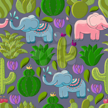 Seamless botanical illustration. Tropical pattern of various cacti, aloe. Elephants, flowering exotic plants