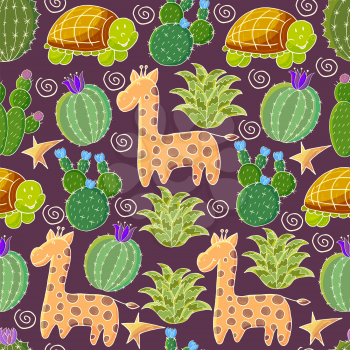 Seamless botanical illustration. Tropical pattern of various cacti, aloe. Giraffe, turtle, flowering exotic plants