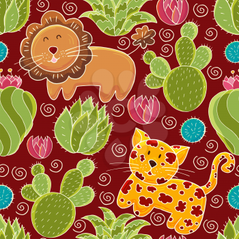 Seamless botanical illustration. Tropical pattern of various cacti, aloe. Leopard, lion, colorful flowers