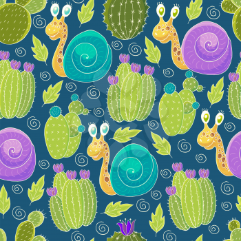 Seamless botanical illustration. Tropical pattern of various cacti, aloe. Multi-colored snail, flowering exotic plants