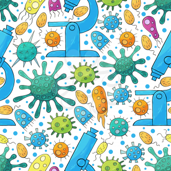Seamless pattern bacteria, microbes. Search for viruses, microscope. Cartoon microbes in hand draw style. Coronavirus, microorganisms