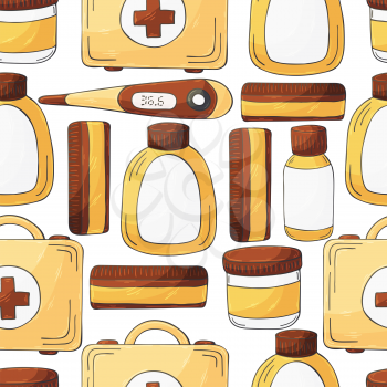 Seamless pattern. Cartoon medical instruments in hand draw style. Medical case, thermometer, drugs