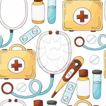 Seamless pattern. Cartoon medical instruments in hand draw style. Medical case, thermometer, stotoscope