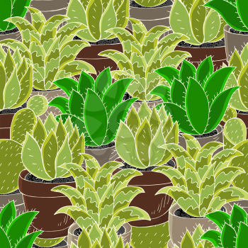 Seamless pattern of different cacti. Cute vector background of flowerpots. Tendy image is ideal for design creativity. Tropical wallpaper in green colors