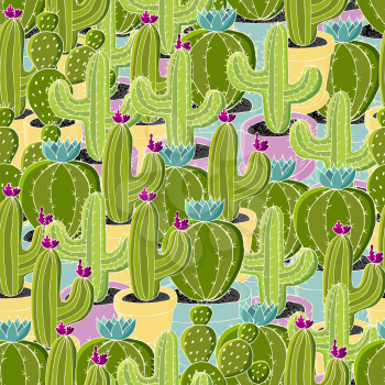 Seamless pattern of different cacti. Cute vector background of flowerpots. Tendy image is ideal for fabrics, backgrounds, design creativity. Tropical wallpaper in green colors