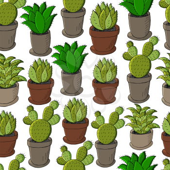 Seamless pattern of different cacti. Cute vector background of flowerpots. Tropical wallpaper in green colors. The trendy image is ideal for design creativity