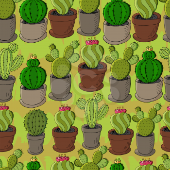 Seamless pattern of different cacti. Cute vector background of flowerpots. Tropical wallpaper in green colors. Trendy