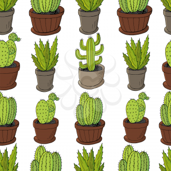 Seamless pattern of different cacti. Cute vector background of flowerpots. Tropical wallpaper in green colors. Trendy botanical illustration