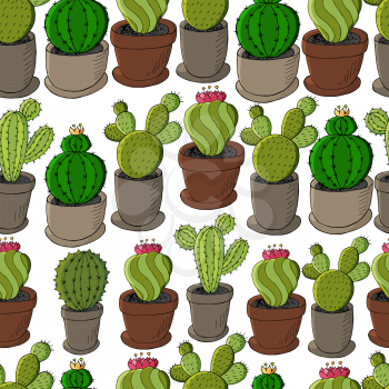 Seamless pattern of different cacti. Cute vector background of flowerpots. Tropical wallpaper in green colors. Trendy image