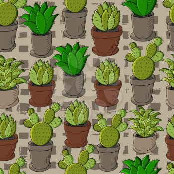 Seamless pattern of different cacti. Cute vector background of flowerpots. Tropical wallpaper in green colors. Trendy image is ideal for design