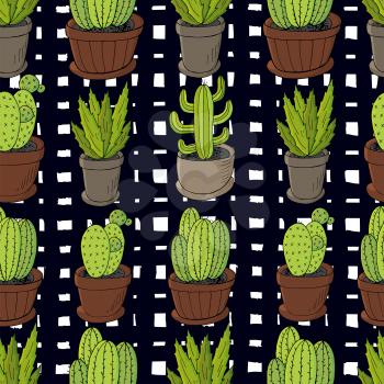 Seamless pattern of different cacti. Cute vector background of flowerpots. Tropical wallpaper in green colors. Trendy image is ideal for design creativity