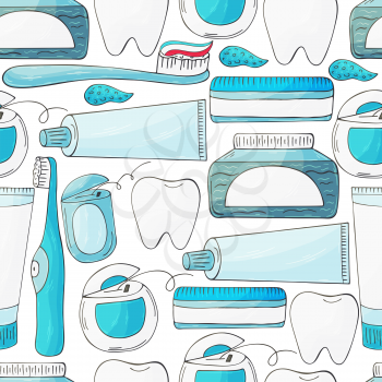 Seamless pattern on a white background. Cartoon elements in hand draw style. Background for packaging, advertising. Dental health, toothpaste