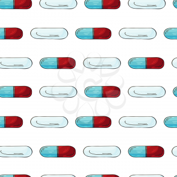 Seamless pattern on a white background. Cartoon medical drugs in hand draw style. Background for packaging