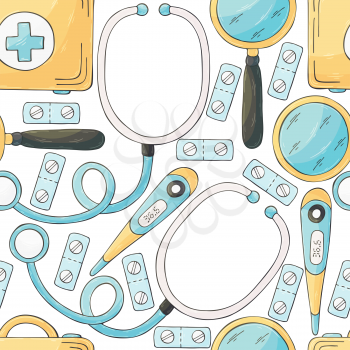 Seamless pattern on a white background. Cartoon medical instruments in hand draw style. Medical case, thermometer, stotoscope