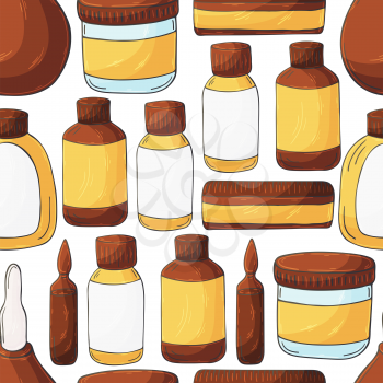 Seamless pattern on a white background. Cartoon medical instruments in hand draw style. Medicines