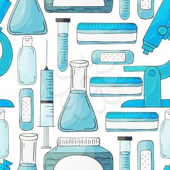 Seamless pattern on a white background. Cartoon medical instruments in hand draw style. Microscope, laboratory research