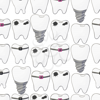 Seamless pattern on a white background. Cartoon teeth in hand draw style. Background for packaging, advertising. Healthy teeth, caries, braces, prosthesis