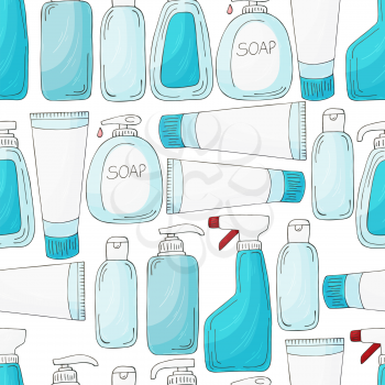 Seamless pattern. Set of bathroom elements in hand draw style on a white background. Collection of cans, tubes. Antiseptic, toothpaste, gel, soap