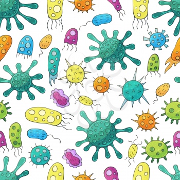 Seamless pattern with bacteria and viruses. Vector design elements. Set of cartoon microbes in hand draw style. Coronavirus, microorganisms