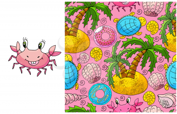 Set of element and seamless pattern. ideal for children's clothing. Crab and background with marine elements. Cute illustrations