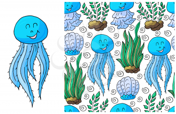 Set of element and seamless pattern. ideal for children's clothing. Jellyfish and background with seashells and sea elements