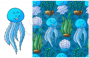 Set of element and seamless pattern. ideal for children's clothing. Jellyfish and background with seashells and sea elements. Cute