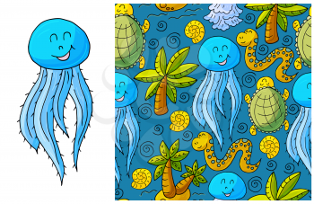Set of element and seamless pattern. ideal for children's clothing. Jellyfish and background with turtles and palms. Cute