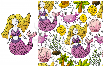 Set of element and seamless pattern. ideal for children's clothing. Mermaid and background with seashells and sea elements