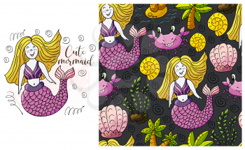 Set of element and seamless pattern. ideal for children's clothing. Mermaid and background with seashells and sea elements. Cute mermaid