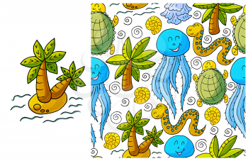 Set of element and seamless pattern. ideal for children's clothing. Palm tree and background with marine elements. Cute