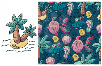 Set of element and seamless pattern. ideal for children's clothing. Palm tree and marine background