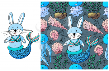 Set of element and seamless pattern. ideal for children's clothing. Rabbit mermaid and background with seashells and sea