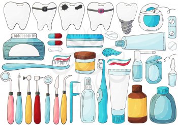 Set of elements for the care of the oral cavity in hand draw style. Teeth cleaning, dental health, dental instruments. Dental floss, paste